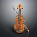 Decorative Wooden Violin Musical Instrument With Bow And Green Accents On Body