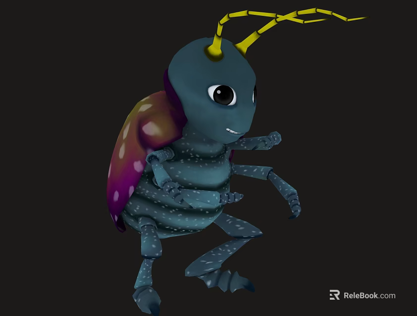 Cute Cartoon Beetle With Blue Body Yellow Antennae And Purple Red Spotted Shell 3d model 