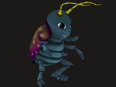 Cute Cartoon Beetle With Blue Body Yellow Antennae And Purple Red Spotted Shell 3d model