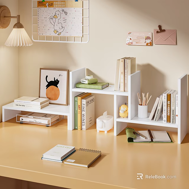 Cozy Home Study Storage Shelf with Books Notebooks Stationery and Wall Art 3d model 