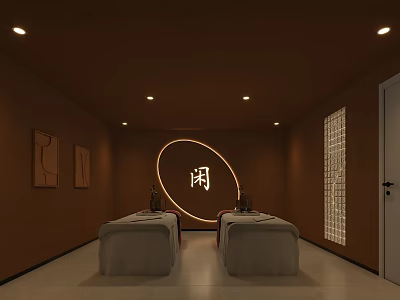 SPA Sauna Interior with Massage Beds Brown Walls Circular Decor Paintings and Warm Lighting 3d model