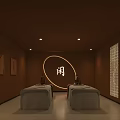 SPA Sauna Interior with Massage Beds Brown Walls Circular Decor Paintings and Warm Lighting