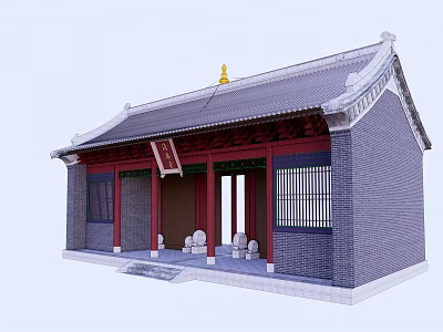 Ancient Chinese Architecture With Traditional Tiled Roof Red Pillars And Blue Brick Walls 3d model