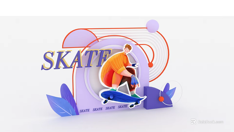 Vibrant Skate Themed Photo Check in Spot With Skateboard Figure SKATE Text And Geometric Decor 3d model 
