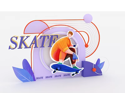 Vibrant Skate Themed Photo Check in Spot With Skateboard Figure SKATE Text And Geometric Decor 3d model