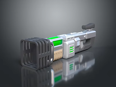 Futuristic Sci Fi Weapon With Silver Body Green Accents And Grip Design 3d model
