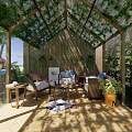Garden Glasshouse With Vines Covered Roof Wooden Frame And Outdoor Seating