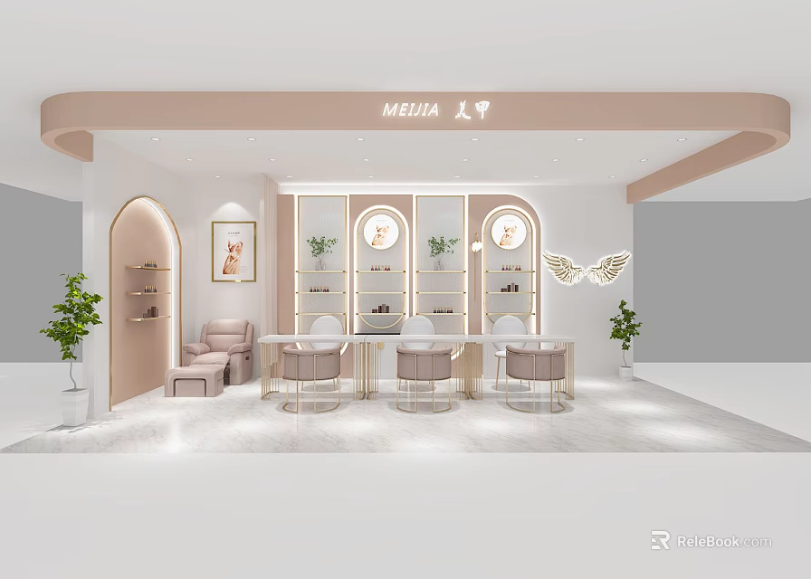 Elegant Pastel Pink Beauty Hair Salon Interior With Curved Design Shelves Chairs Green Plants And Butterfly Decor 3d model 