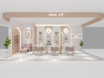 Elegant Pastel Pink Beauty Hair Salon Interior With Curved Design Shelves Chairs Green Plants And Butterfly Decor 3d model