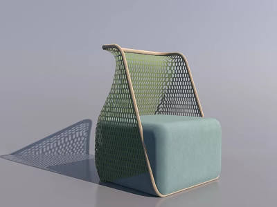 Modern Single Sofa With Wooden Frame Woven Mesh Backrest And Light Blue Cushion 3d model