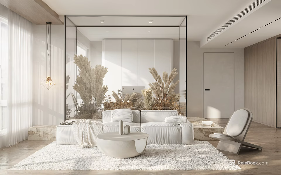 Modern Living Room Interior With White Sofa Round Coffee Table And Plant Decor 3d model 