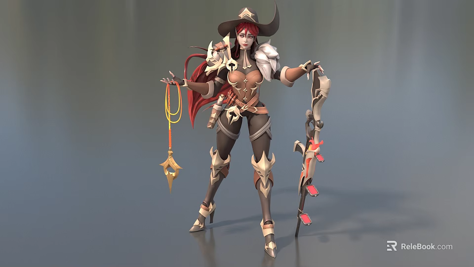 Fantasy Female Game Character With Red Hair Horned Hat Armor Outfit Bow And Staff 3d model 