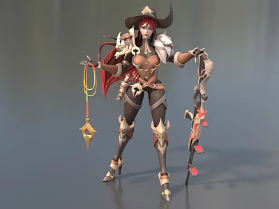 Fantasy Female Game Character With Red Hair Horned Hat Armor Outfit Bow And Staff 3d model