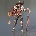 Fantasy Female Game Character With Red Hair Horned Hat Armor Outfit Bow And Staff