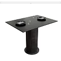 Black Square Dining Table With Cylindrical Base And Two Black Plates Two Wine Glasses 3d model