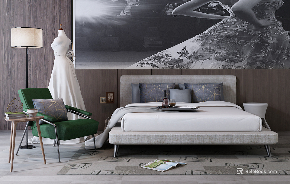 Background Double Bed With Gray Headboard White Linens Green Armchair And Large Black White Artwork 3d model 