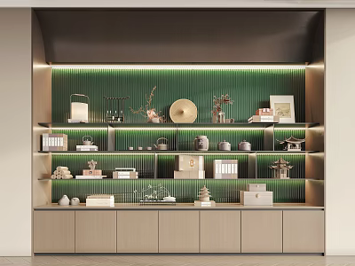 Modern Display Cabinet Interior With Shelves And Decorative Items On Green Backdrop 3d model