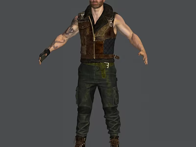 Action Game Movie Character With Sleeveless Vest Arm Tattoos Cargo Pants And Brown Boots 3d model