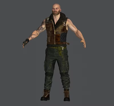 Action Game Movie Character With Sleeveless Vest Arm Tattoos Cargo Pants And Brown Boots 3d model