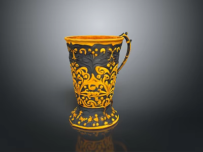 Decorative Household Mug With Yellow And Black Intricate Patterns And Handle 3d model