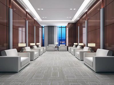 Elegant Hotel Public Lounge With Wooden Walls White Sofas Large Windows Table Lamps And Carpet 3d model