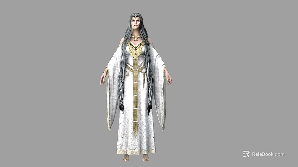 Standing Woman With Long Hair In White Robe And Golden Accents With Ornate Necklace 3d model 