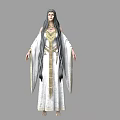 Standing Woman With Long Hair In White Robe And Golden Accents With Ornate Necklace