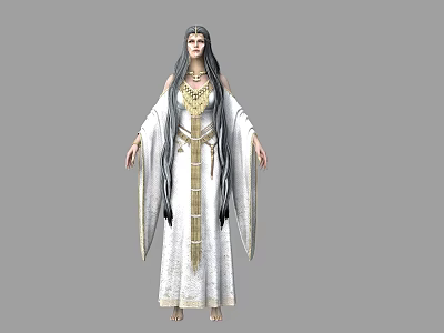 Standing Woman With Long Hair In White Robe And Golden Accents With Ornate Necklace 3d model