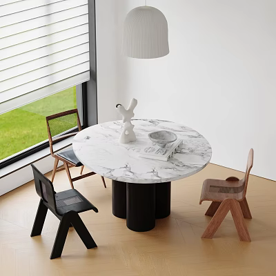 Marble Dining Table Set with Round Top Black Legs and Three Diverse Material Chairs 3d model