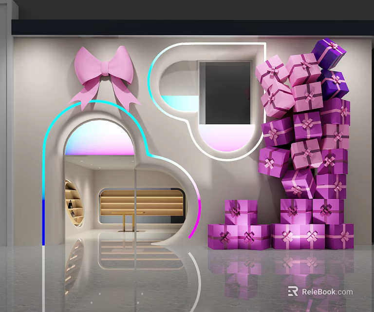 Decorative Interior Space With Pink Bow Neon Lights And Stacked Purple Gift Boxes 3d model 