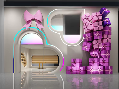 Decorative Interior Space With Pink Bow Neon Lights And Stacked Purple Gift Boxes 3d model