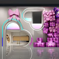 Decorative Interior Space With Pink Bow Neon Lights And Stacked Purple Gift Boxes