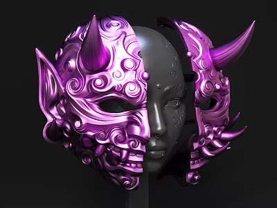 Purple Decorative Ornament Set With Horned Mask And Intricate Swirl Patterns 3d model