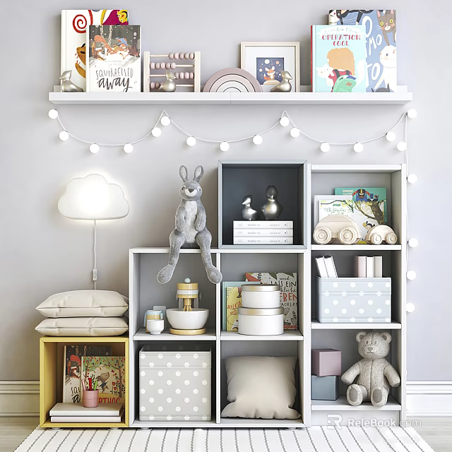 Entryway Cabinet and Side Cabinet Cute Organized Storage with Stuffed Toys Books and Decorative Lamp 3d model 