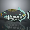 Colorful Tropical Fish With Black Body Yellow Spots Green Stripes Blue Fins And White Dots Patterns