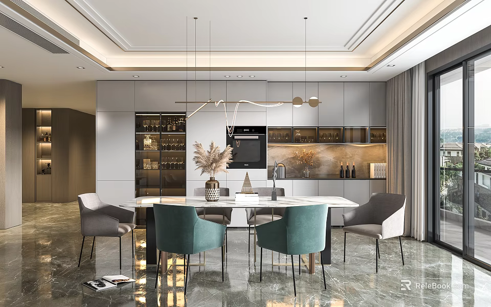 Elegant Modern Dining Room Interior With Dining Table Teal Chairs And Pendant Lights 3d model