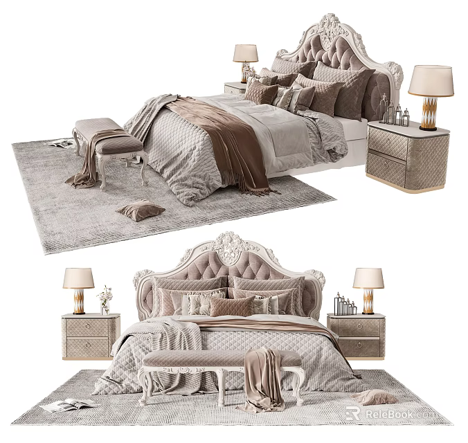 Elegant Double Bed With Tufted Headboard Decorative Pillows And Table Lamps 3d model 