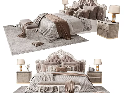 Elegant Double Bed With Tufted Headboard Decorative Pillows And Table Lamps 3d model