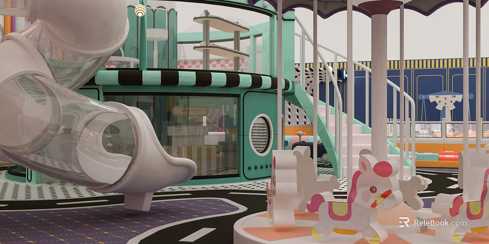 Vibrant Kids Playground with Mint Green Carousel Slide Staircase Pony Toys and Colorful Floor 3d model 