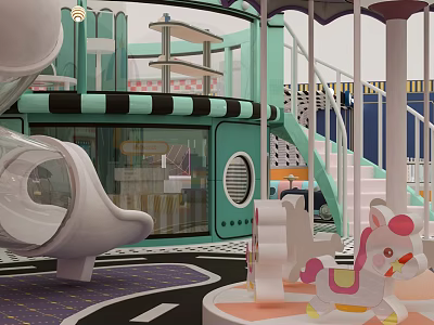 Vibrant Kids Playground with Mint Green Carousel Slide Staircase Pony Toys and Colorful Floor 3d model