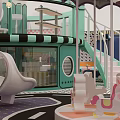 Vibrant Kids Playground with Mint Green Carousel Slide Staircase Pony Toys and Colorful Floor
