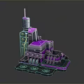 Futuristic Purple And Gray Metallic Mechanical Structure With Tower Platform Gear Like Elements