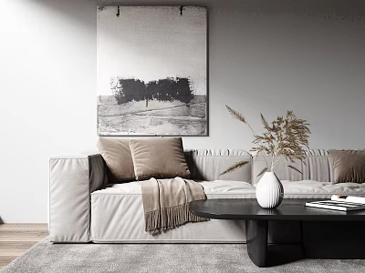 Modern Living Room Black Coffee Table Gray Sofa Brown Pillows Blanket White Vase Dried Flowers 3d model