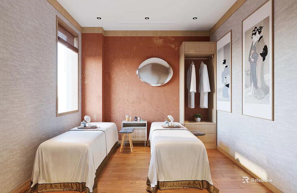 Tranquil SPA Room Interior Featuring Two Massage Beds White Sheets Round Mirror And Wooden Flooring 3d model 