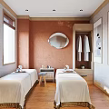 Tranquil SPA Room Interior Featuring Two Massage Beds White Sheets Round Mirror And Wooden Flooring