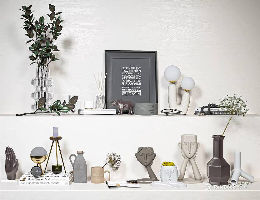 Stylish Decorative Ornament Set With Green Plants Photo Frame Sculptures Vases And Lamp On Shelf 3d model 