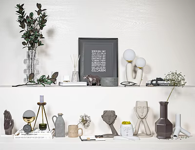 Stylish Decorative Ornament Set With Green Plants Photo Frame Sculptures Vases And Lamp On Shelf 3d model
