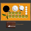 Traditional Green Tea Set On Wooden Tray With Teapot Cups Bowls Leaf Cloth And Chopsticks