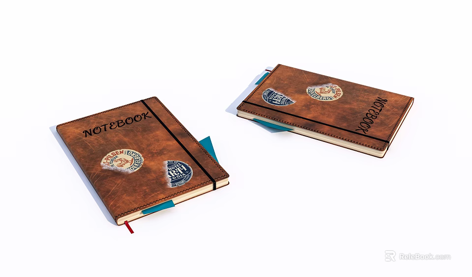 Vintage Leather Notebooks With Brown Cover And Emblems And Colored Bookmark Ribbons 3d model 