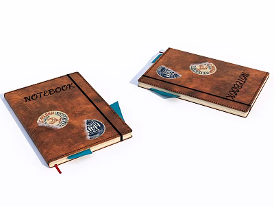 Vintage Leather Notebooks With Brown Cover And Emblems And Colored Bookmark Ribbons 3d model